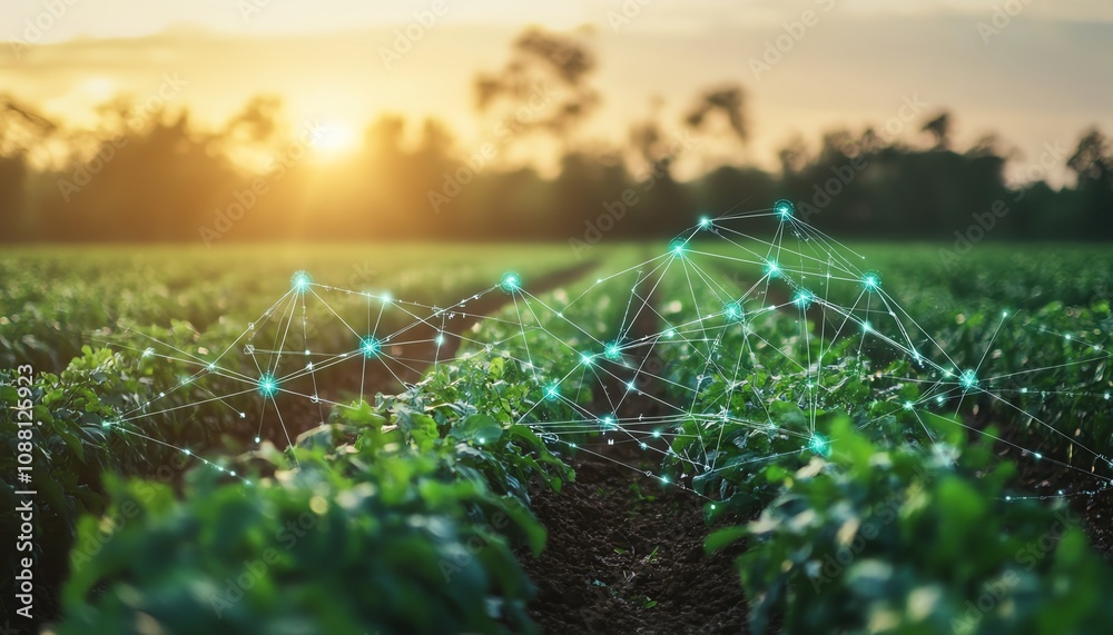 Poster Wide view of a field with green plants connected by digital AI data lines, highlighting the synergy of artificial intelligence and precision agriculture for sustainable farming