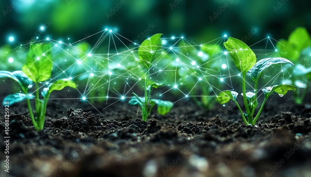 Poster Wide view of a field with green plants connected by digital AI data lines, highlighting the synergy of artificial intelligence and precision agriculture for sustainable farming