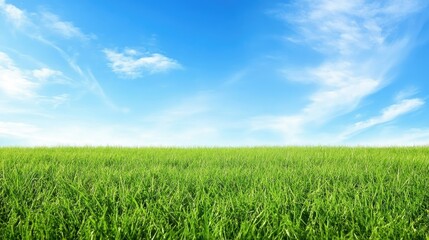 Obraz premium Vibrant Green Grass Field Under a Clear Blue Sky with Soft Clouds, Ideal for Nature and Outdoor Themes, Representing Freshness and Tranquility in Natural Landscapes