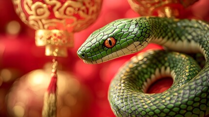 Fototapeta premium Green snake elegantly coiled against festive red and gold backdrop adorned with lanterns and traditional patterns, embodying the spirit of Chinese New Year