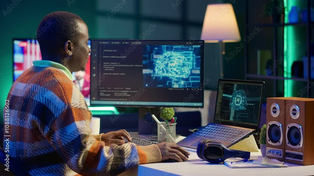 Poster african american it professional managing ai system for machine learning, coding software on termina