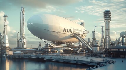 Futuristic airship docked at a modern port city.