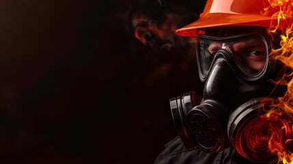 Fototapeta premium Extreme close-up of a man in gas mask and hard hat witnessing an environmental disaster. Isolated on black dark background with flames and copy space, template, banner.