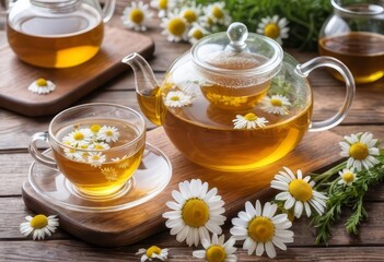 A glass teapot and cup filled with chamomile tea and chamomile flowers on a wooden table
