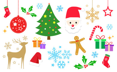 Fototapeta premium Christmas ornament with santa claus, gift box, star, reindeer, snowflake, candy cane, Christmas tree. gingerbread man, holly berry. Xmas banner. Decorative christmas. Merry christmas