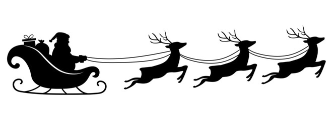 Santa Claus ride sleigh with flying reindeer. Santa Sleigh Silhouette isolated on white background. Merry christmas. Vector illustration