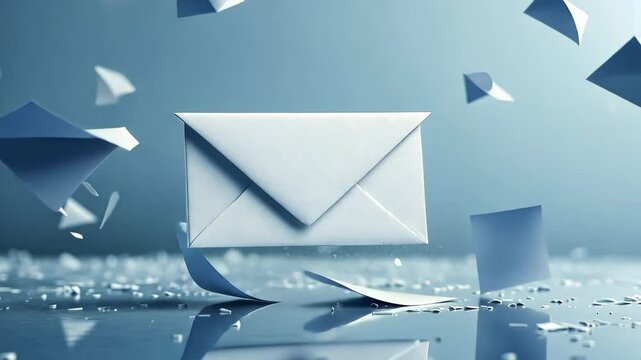 An envelope is flying through the air with pieces of paper scattered around it. Concept of chaos and disarray, as if the envelope has been torn apart and its contents have been scattered everywhere