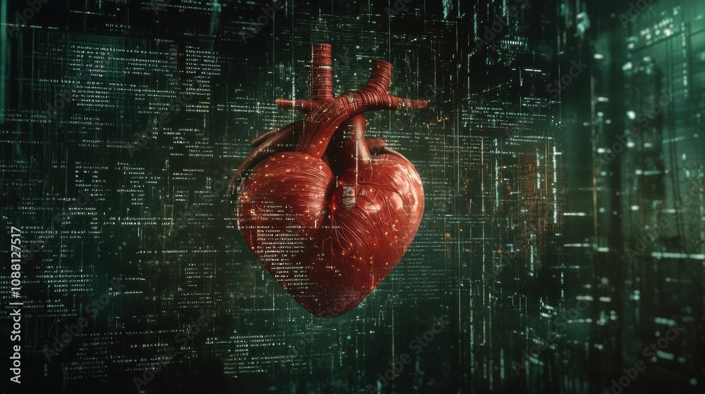 Aufkleber A human heart is displayed against a backdrop of flowing digital code, symbolizing the intersection of biology and technology. Generative AI