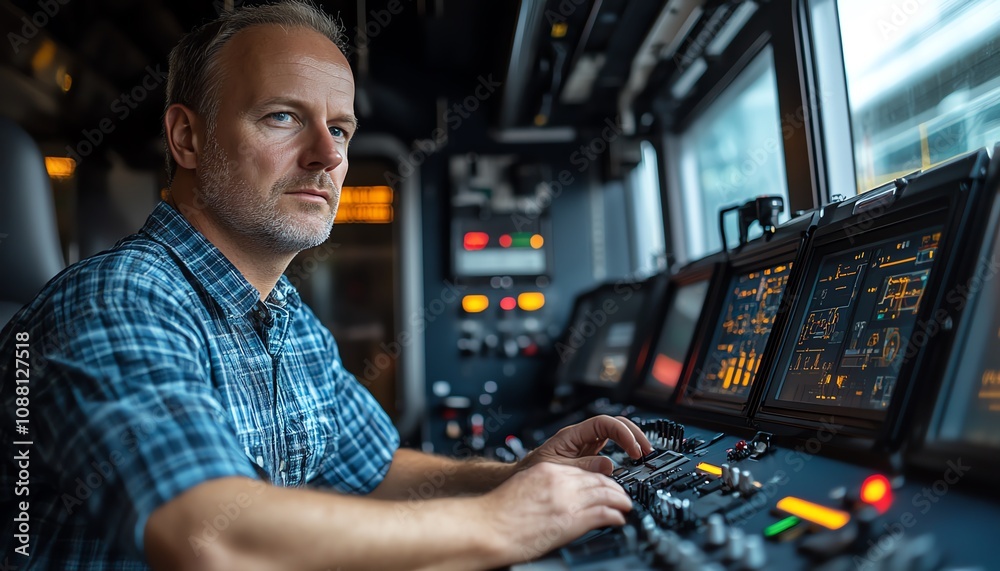 Poster Focused railway operations manager operating a hightech control panel, utilizing advanced software to monitor and manage transportation systems in a cuttingedge environment