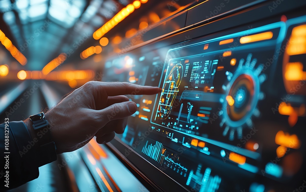 Poster Railway operations manager interacting with a hightech control panel, utilizing advanced software to efficiently manage transportation systems in a modern command center