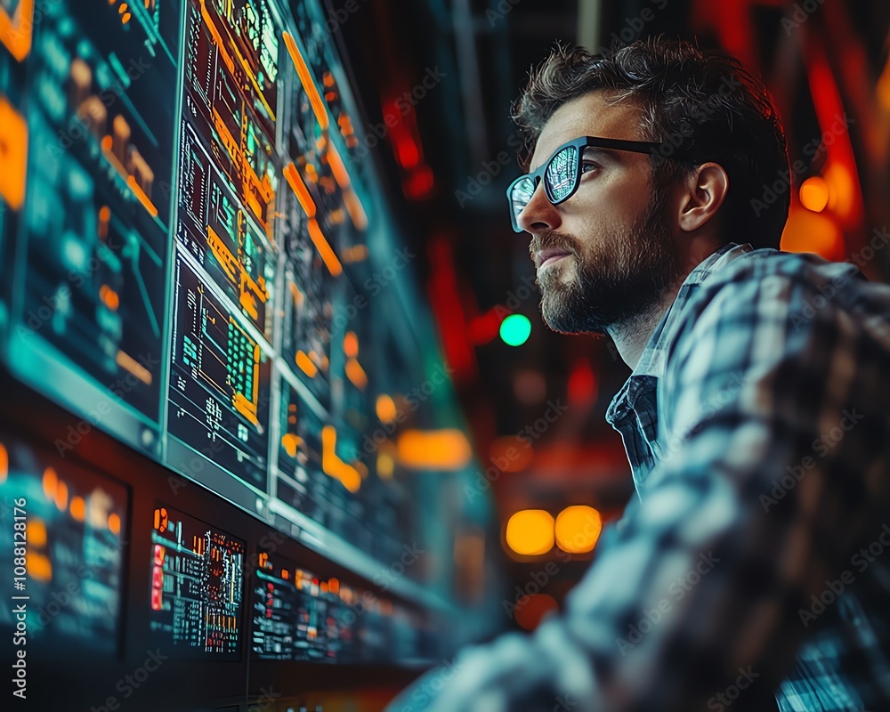 Poster Railway operations manager analyzing data and controlling transportation systems through a hightech control panel, utilizing innovative software to ensure efficiency and safety