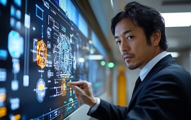 Railway operations manager interacting with a hightech control panel, utilizing advanced software to efficiently manage transportation systems in a modern command center