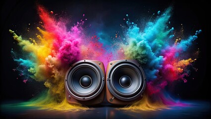 Powerful audio speakers emitting a cloud of colorful powder , music, sound, speakers, blast, vibrant, colorful, powder