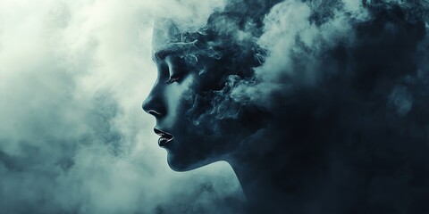 Dreamy Woman Face in Clouds