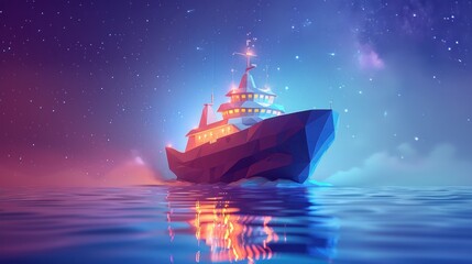 Obraz premium A low-poly ship sails through a starry night sky.