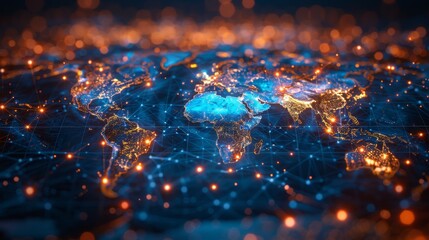 Abstract Planet Earth With Glowing Network, Global Connections And Data Exchange. Visualization.