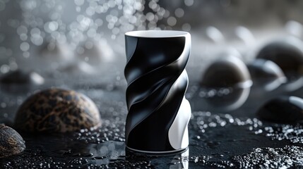 A black and white spiral shaped cup on a wet surface with water droplets and sphere-shaped objects.