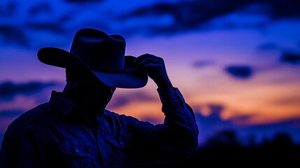 Cowboy Farmer Silhouette at Sunset. Lone Rancher Tipping Hat with Bold Colors of Twilight in the Background. Image Made Using Generative AI