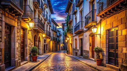 Fototapeta premium Old town streets illuminated at night in Spain , Altstadt, Nachts, Spain, night, architecture, buildings, lights, cobblestone