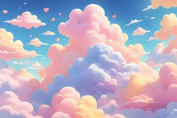 Bright pastel clouds float in a vibrant blue sky, creating a whimsical anime illustration