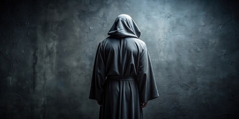 Naklejka premium Medieval criminal in dark robes standing with back to camera, Medieval, criminal, thief, dark, robes, sinister