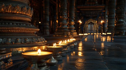 Fototapeta premium Tranquil Ambiance of Flickering Candles Inside an Ornate Temple with Rich Architectural Details and Reflections on Polished Stone Floor at Dusk