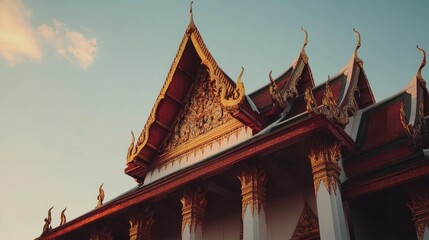 Stunning Architectural Detail of Thai Temple at Sunset Highlighting Intricate Roof Design and Cultural Heritage in a Serene Sky