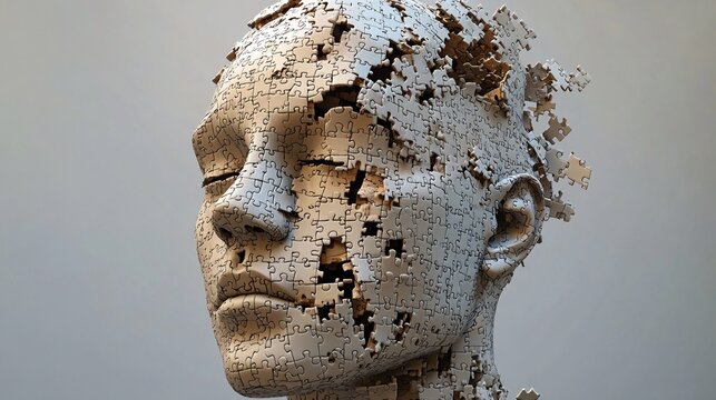 7.A three-dimensional human head created entirely from puzzle pieces, with some pieces disassembled or missing to convey the concept of mental health. The puzzle's pieces have distinct textures and