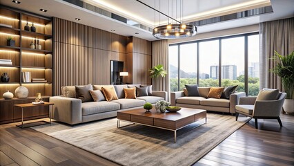 Fototapeta premium Sleek and sophisticated modern living room with minimalist design and elegant furniture, modern, living room