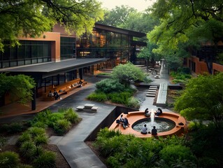 Serene University Campus Garden with Relaxing Students Surrounded by Lush Greenery