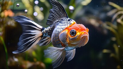 Obraz premium 55.A close-up of an Oranda goldfish in an aquarium, its flowing fins and detailed head clearly visible. The fishâ€™s shimmering scales reflect the light, while bubbles and aquatic plants in the