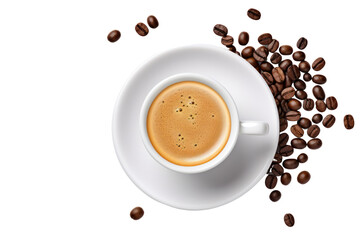 A top-down shot of a filled espresso coffee cup with a rich crema on top isolated on white background