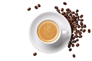 A top-down shot of a filled espresso coffee cup with a rich crema on top isolated on white background