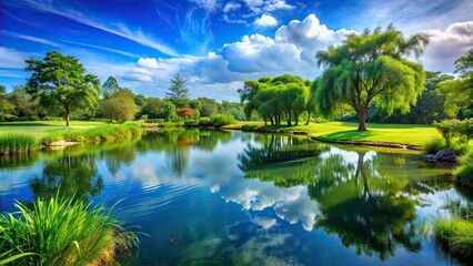 Fototapeta premium A serene landscape of a heavenly paradise with clear blue skies, lush greenery, and a tranquil pond, paradise, heaven