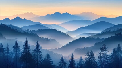 Obraz premium A misty sunrise over a mountain range with trees in the foreground.