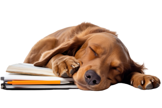 A tired dog napping beside a desk cluttered with study materials, including pens and notebooks, isolated on white background