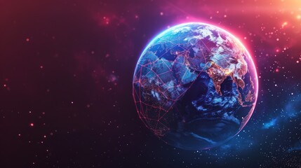 Fototapeta premium A futuristic digital representation of Earth with interconnected lines across the continents, set against a starry backdrop with vibrant pink and orange hues.