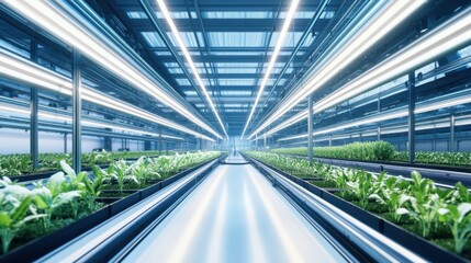 Obraz premium A high-tech agriculture research facility, with vertical farms and automated harvesting systems, Agricultural technology style