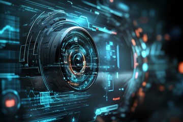 Fototapeta premium Futuristic surveillance camera surrounded by advanced digital interface representing modern security technology