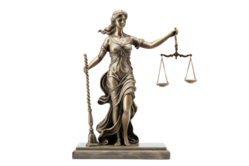 A striking, modern statue of Lady Justice with a sleek, abstract design, holding a scale and sword, set against a plain white background