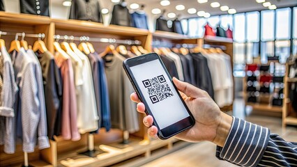 Customer using smartphone to scan QR code for payment at shop, QR code, payment, smartphone, technology, scan