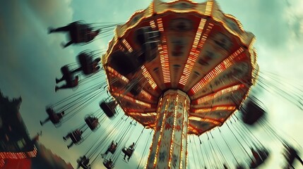 A spinning carousel ride at an amusement park, with blurred motion showing the movement and energy of the ride.
