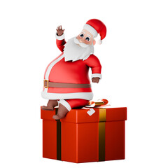 Christmas Cartoon Santa Claus Character. A Santa Claus man sitting on a big gift with one hand raised with a happy expression. 3D Festive Model