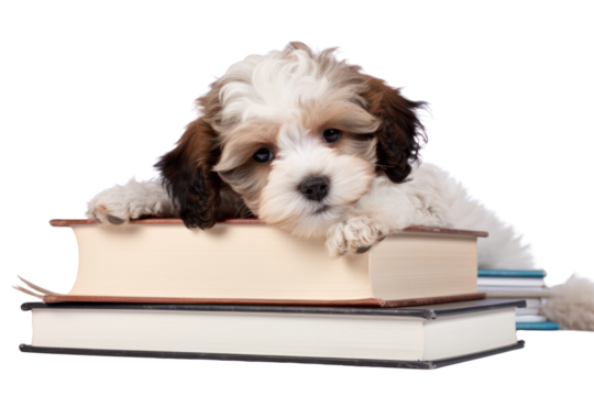 A small dog resting on a pile of study notes and textbooks, looking relaxed and content, with a minimalist, isolated on white background