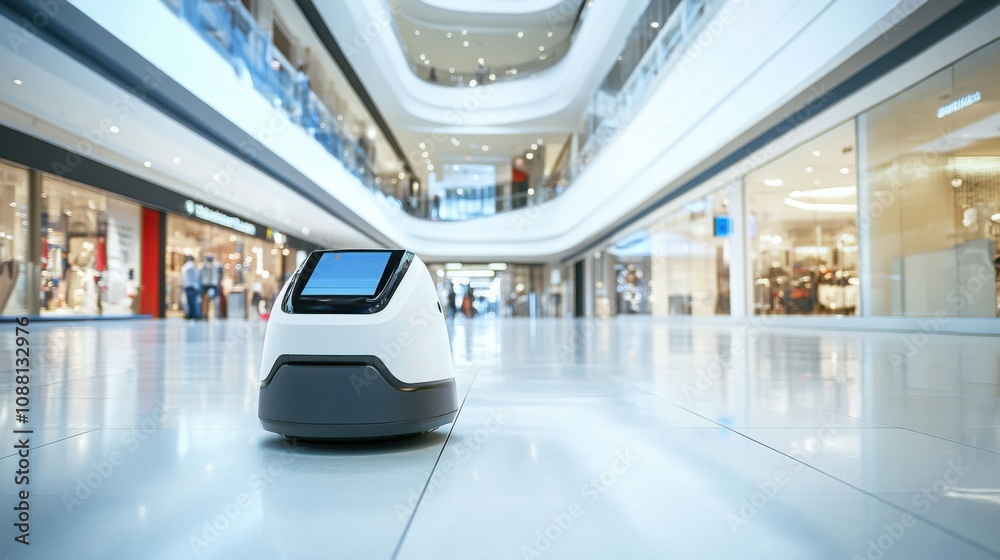 Poster A high-tech AI-driven autonomous delivery robot for indoor environments, clean shopping mall setting with robots designed for efficient product delivery and customer service, Delivery Robot style