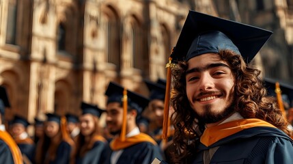 Obraz premium Graduates Celebrating Academic Accomplishments in Ornate University Courtyard