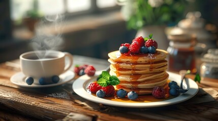 A stack of golden pancakes topped with fresh berries and a drizzle of maple syrup, served with a cup of hot coffee.