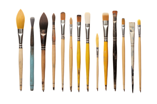 A set of assorted artist's paintbrushes arranged neatly on a white surface, featuring various shapes and sizes including flat, round, isolate on a white background.