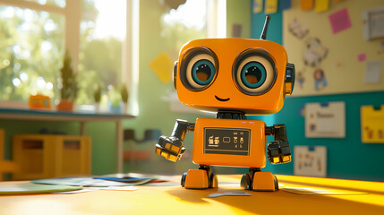 An orange robot toy with big, expressive eyes invites playtime in a vibrant classroom setting. Playful Toy Robots. Illustration