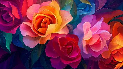 A vibrant tapestry of iridescent roses, each petal a brushstroke of color, creating a harmonious blend of hues that evoke a sense of joy and wonder. Delicate Flower Petals. Illustration